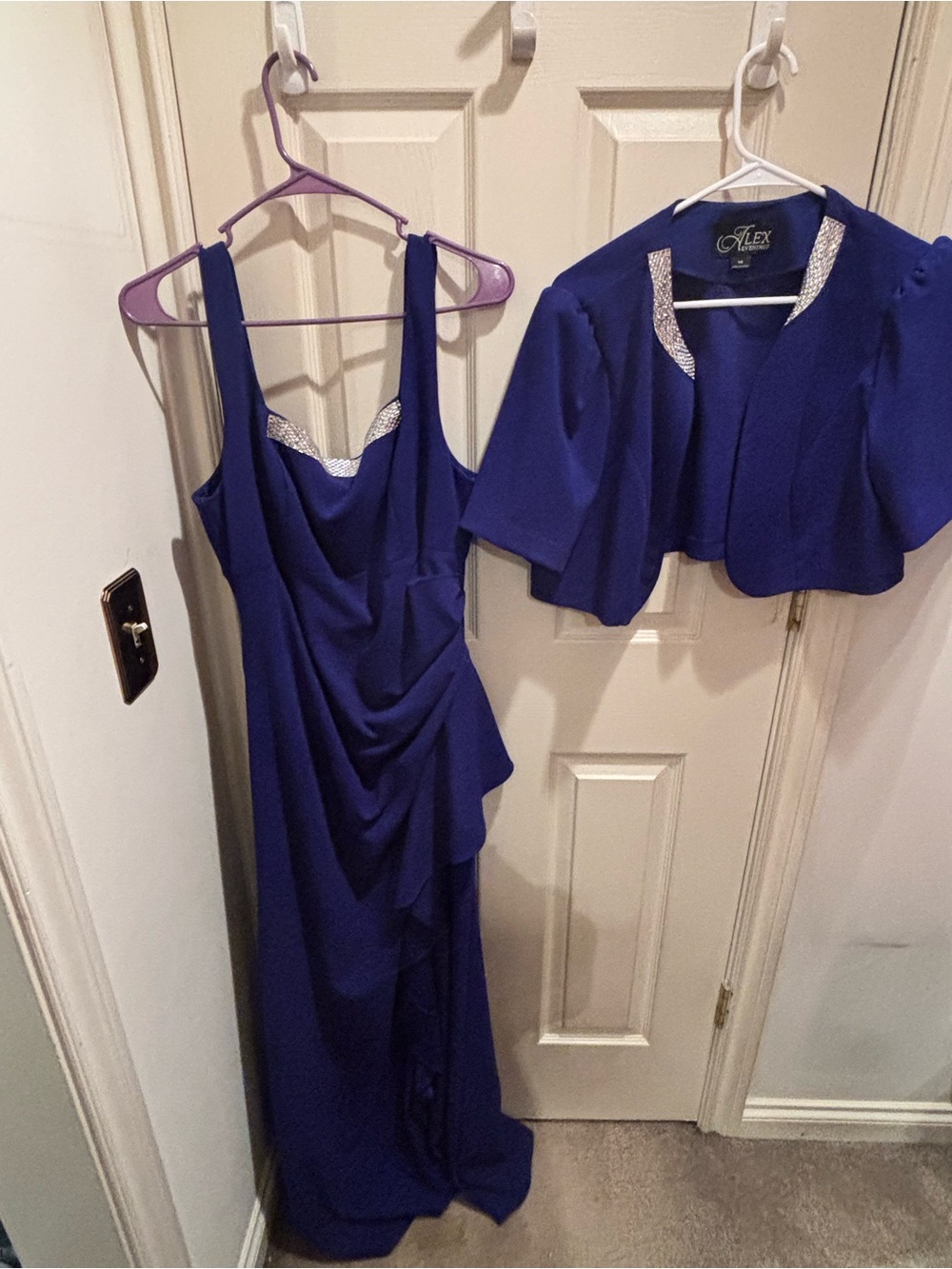 Alex Evenings Cobalt Blue Draped Maxi Gown with Embellished Bolero. Size xl,